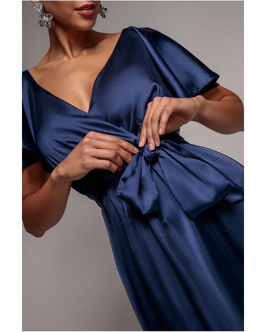 Goddiva Blue Satin Flutter Sleeve Wrap Midi Dress