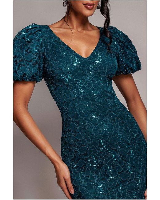 Goddiva Blue Sequin Lace Puff Sleeve Fit & Flare Midi Dress