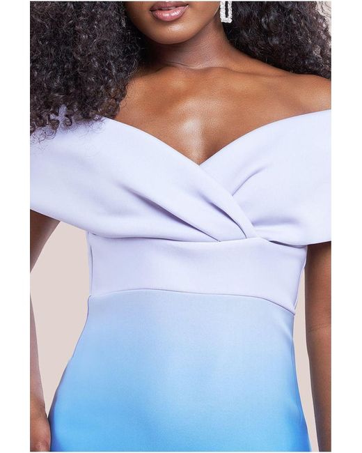 Goddiva Blue Ombre Front Wrap Bardot Midi Dress