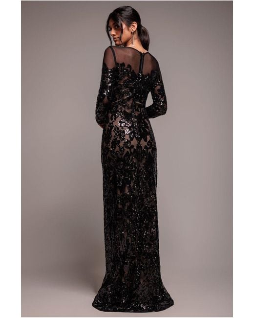 Goddiva Black Floral Sequin Mesh Maxi