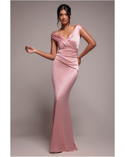 Goddiva Pink Satin Off The Shoulder Maxi Dress