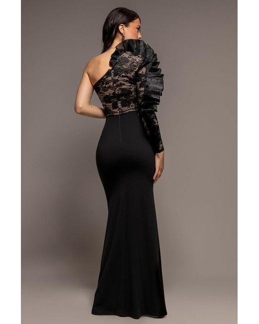 Goddiva Blue One Shoulder Organza Fan Detail Lace Bodice Maxi Dress