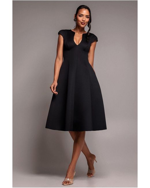 Goddiva Black Cap Sleeve Plunging V-Neckline A-Line Midi Dress