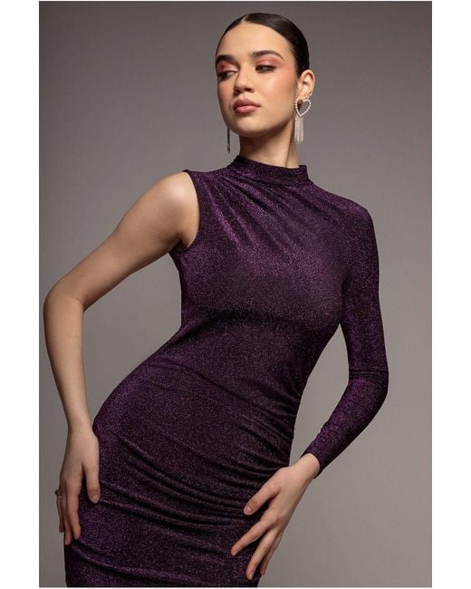 Goddiva Purple Open Back One Sleeve Lurex Midi