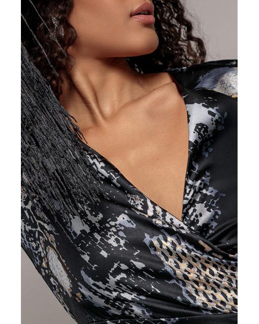 Goddiva Black Foil Print Wrap Midi With Tassels