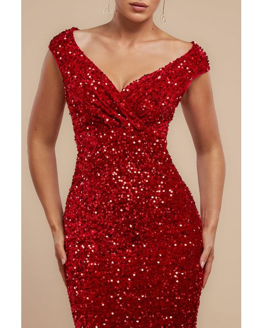 Goddiva Red Multi Sequin & Velvet Bardot Maxi Dress