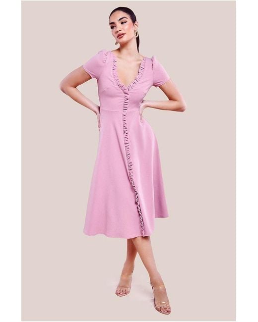 Goddiva Green Front Frill Flared Scuba Midi Dress