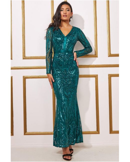 Goddiva Green Embroidered Sequin Maxi Dress