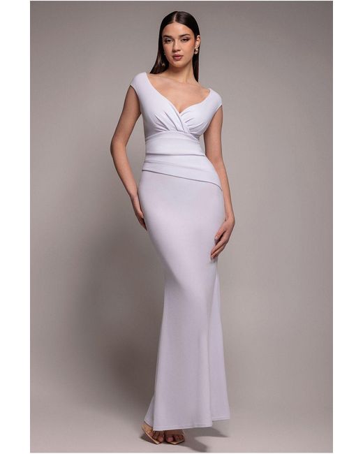 Goddiva Purple Bardot Pleated Maxi Dress