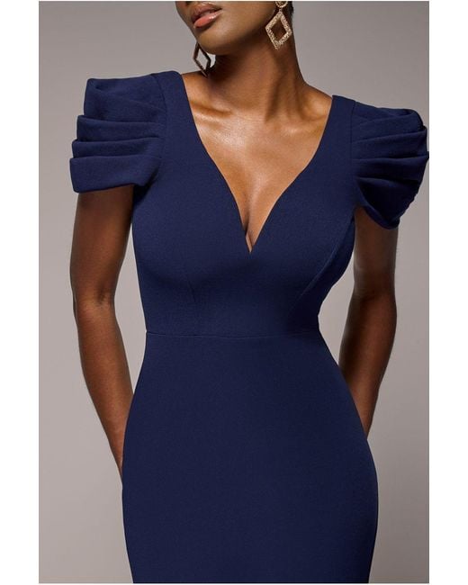 Goddiva Blue Plunging Neck Pleated Sleeves Scuba Maxi Dress