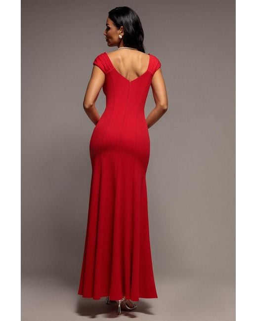 Goddiva Red Capped Sleeve V Neck Pleated Fit & Flare Maxi Dress