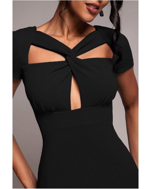 Goddiva Black Scuba Crepe Twist Cutout Midi Dress