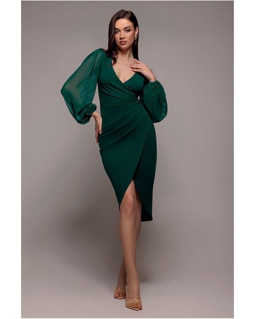Goddiva Green Scuba & Chiffon Balloon Sleeve Wrap Midi Dress