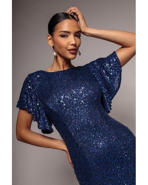 Goddiva Blue Sequin Flutter Sleeve Maxi