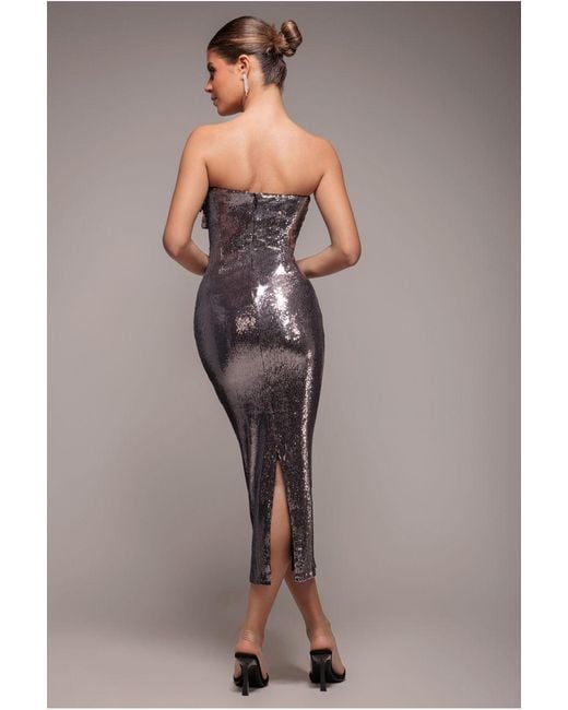 Goddiva Pink Liquid Sequin Boobtube Midaxi With Corsage
