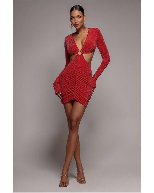 Goddiva Red Cut Out Long Sleeve Bodycon Mini Dress