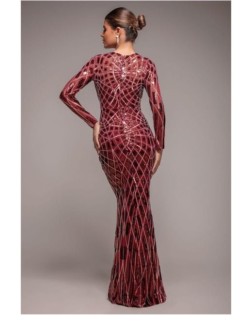 Goddiva Red Geo Sequin Long Sleeve Maxi Dress