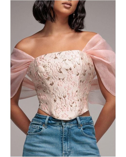 Goddiva Gray Off Shoulder Jacquard Top With Organza Wings