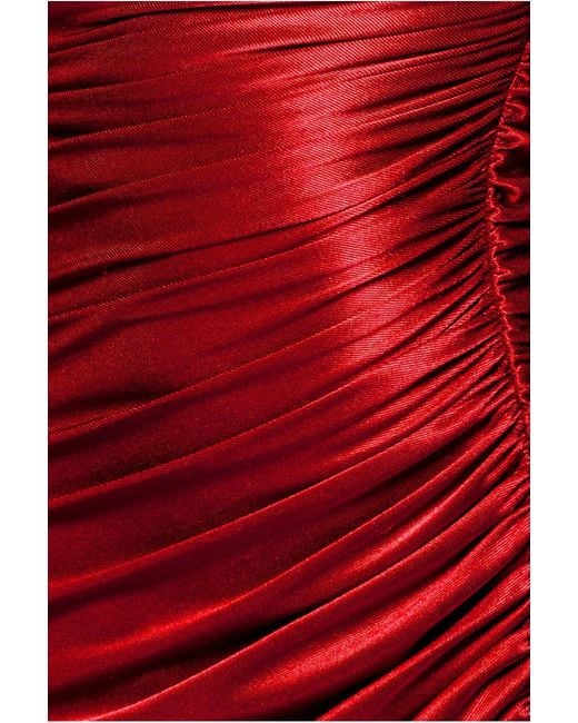 Goddiva Red Slinky Satin One Shoulder Split Maxi Dress