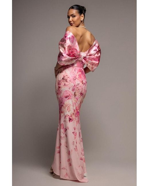 Goddiva Pink Printed Off Shoulder Satin Bow Back Maxi Dress