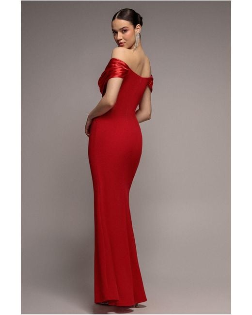 Goddiva Red Satin & Scuba Off The Shoulder Maxi Dress