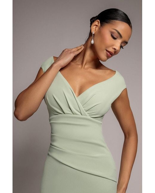 Goddiva Gray Bardot Pleated Maxi Dress