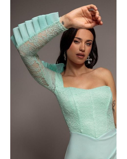 Goddiva Blue One Shoulder Organza Fan Detail Lace Bodice Maxi Dress