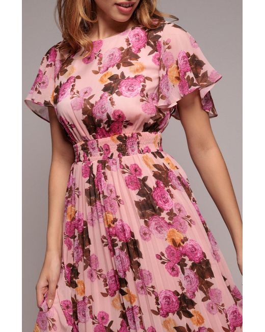 Goddiva Pink Flutter Sleeve Pleated Skirt Floral Midi Dress