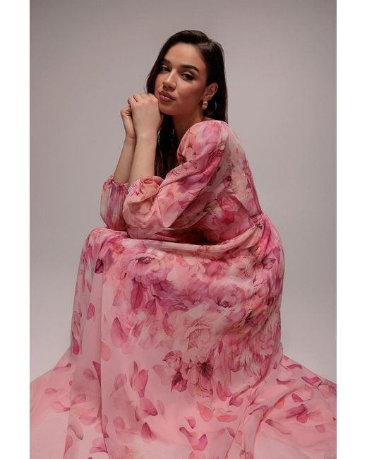 Goddiva Pink Floral Print Shirred Back A Line Maxi Dress