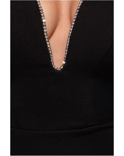 Goddiva Black Strapless Super Plunge Diamante Neck Maxi Dress