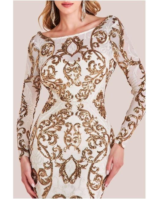 Goddiva Natural Sequin Cowl Back Maxi