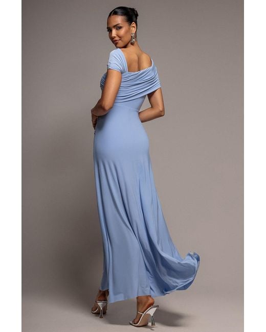 Goddiva Blue Asymmetric Neck Gathered Waist Maxi Dress