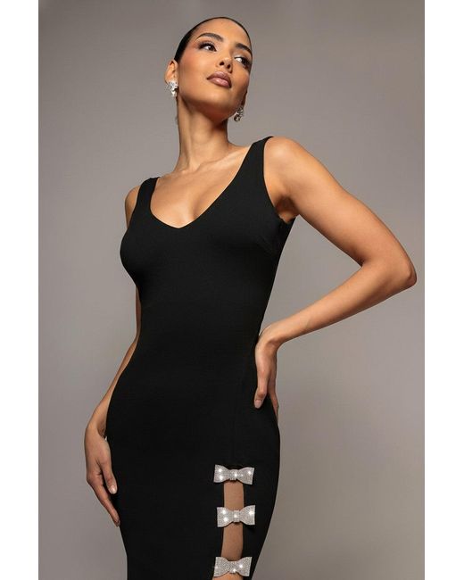 Goddiva Gray Diamante Brooch Thigh Split Mermaid Maxi Dress