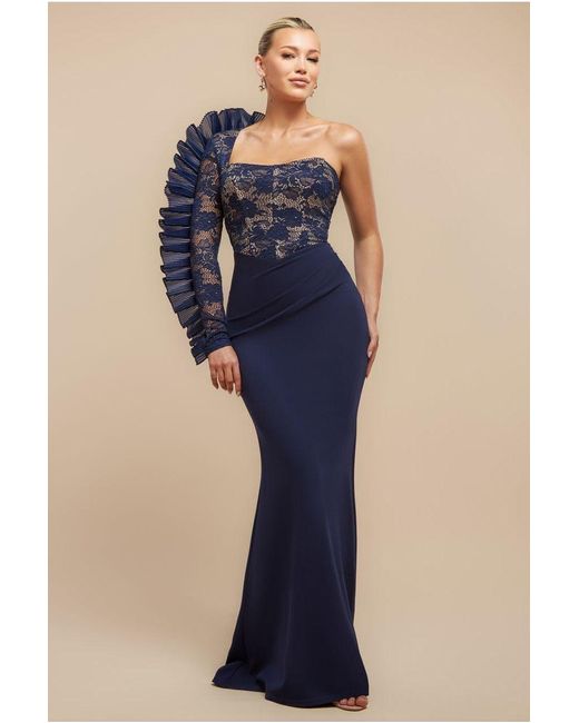 Goddiva Women's Blue One Shoulder Organza Fan Detail Lace Bodice Maxi Dress