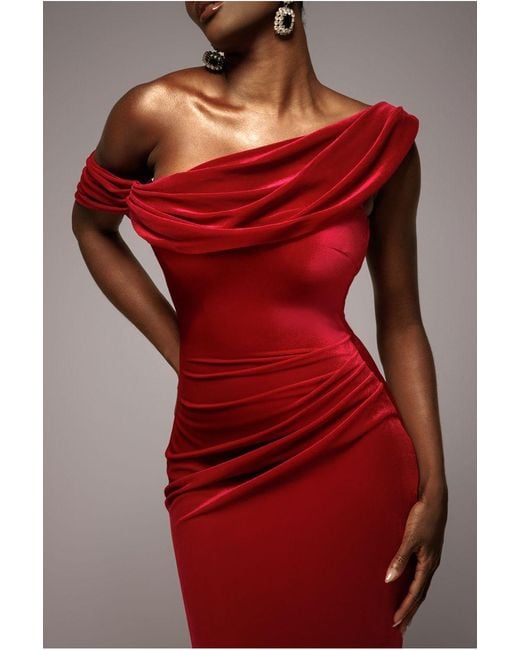 Goddiva Red Cowl One Shoulder Velvet Maxi Dress