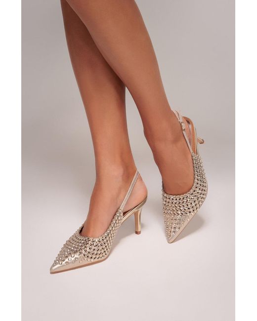Goddiva Natural Pearl Embellished Slingback Heeled Court Shoes