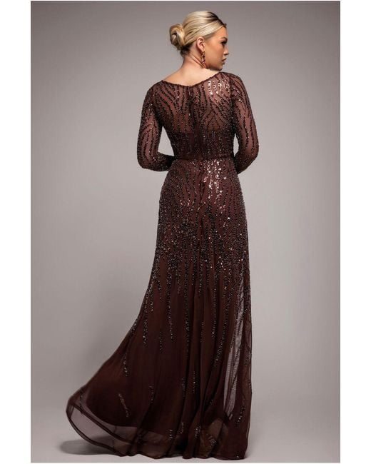 Goddiva Brown Ombre Sequin Beaded Flared Long Sleeve Maxi Dress