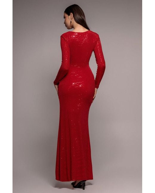 Goddiva Red Sequin Glitter Lurex Long Sleeve Wrap Maxi Dress