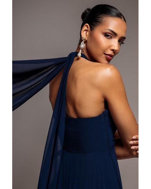Goddiva Blue Sleeveless Pleated Chiffon Multiway Scarf Maxi Dress