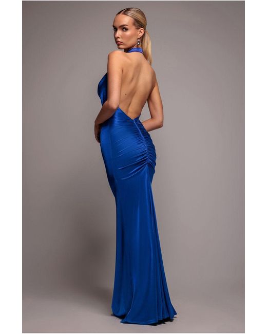 Goddiva Blue Halter Cowl Neck Back Maxi Dress