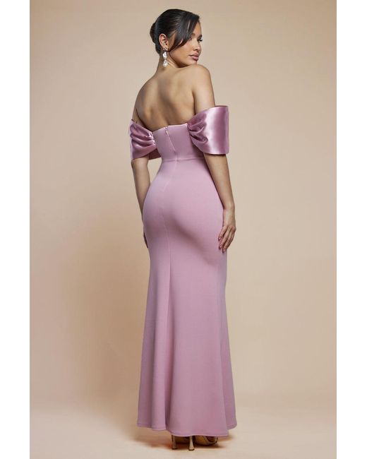 Goddiva Pink Twist Knot Satin & Scuba Bardot Maxi Dress