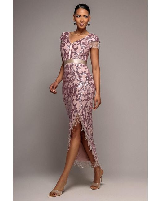 Goddiva Multicolor Embroidered Sequin Tassel Front Split Midaxi Dress
