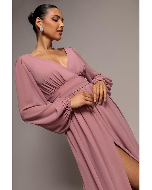 Goddiva Purple Wrap Back With Front Slit Chiffon Maxi Dress