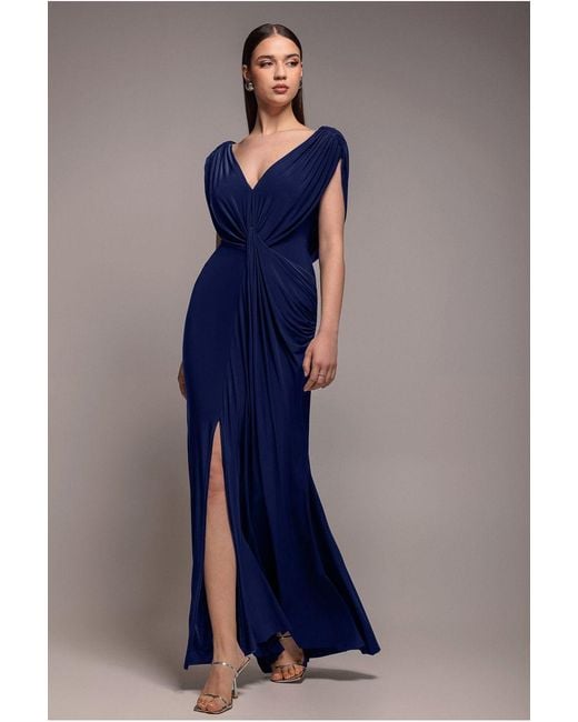 Goddiva Blue Cowl Plunge Draped Mermaid Maxi Dress