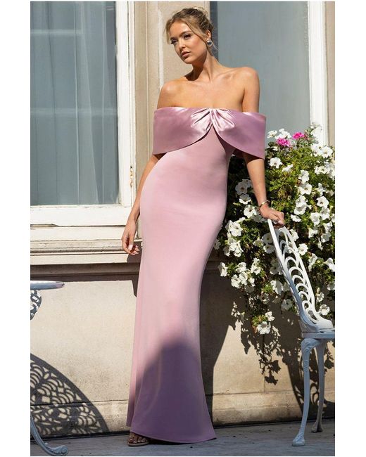 Goddiva Pink Twist Knot Satin & Scuba Bardot Maxi Dress