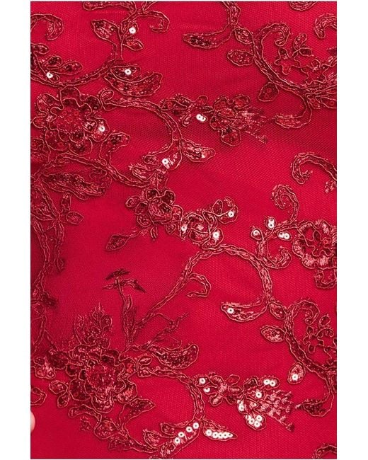 Goddiva Red Scalloped Cape Open Back Lace & Sequin Maxi Dress