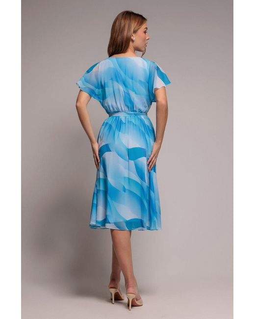 Goddiva Blue Printed Flutter Sleeve Chiffon Midi Dress