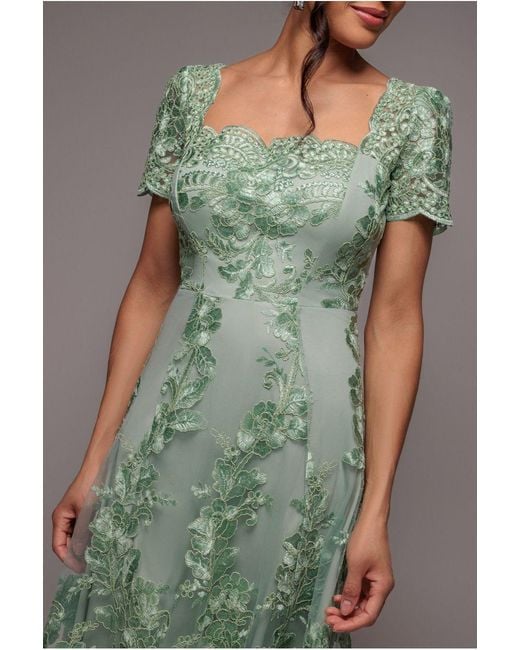 Goddiva Green Scalloped Neck Embroidered Lace High Low Midi Dress