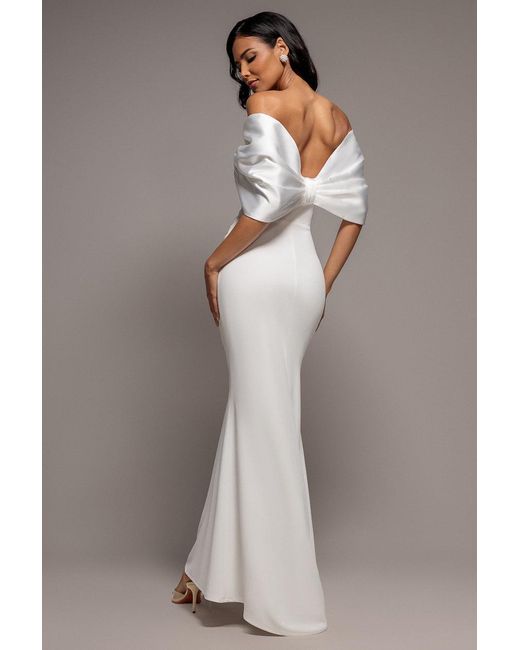 Goddiva Gray Off Shoulder Back Satin Bow Scuba Maxi Dress