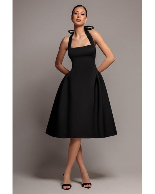Goddiva Black Corset Fit And Flare Halter Neck Midi Dress